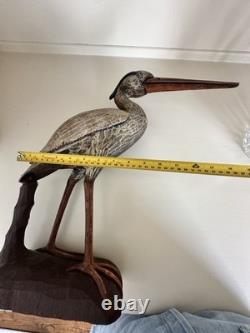 Déco de canard en bois sculpté à la main en forme de héron bleu vintage, sculpture folk art large, rare