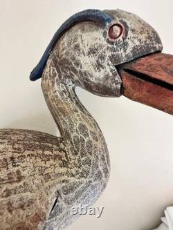 Déco de canard en bois sculpté à la main en forme de héron bleu vintage, sculpture folk art large, rare
