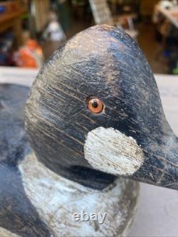 Déco de chasse en forme de canard Goldeneye antique en bois sculpté et peint vintage
