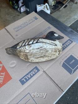 Déco de chasse en forme de canard Goldeneye antique en bois sculpté et peint vintage