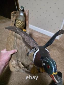 Diorama de canard en bois sculpté à la main et peint par David Ward, 1990, art populaire