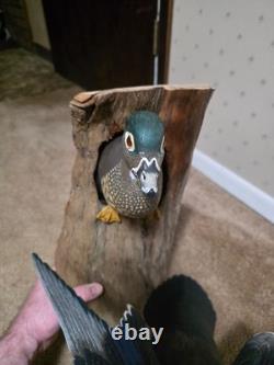 Diorama de canard en bois sculpté à la main et peint par David Ward, 1990, art populaire