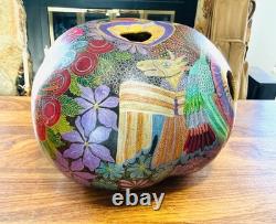 ÉTONNANTE œuvre d'art populaire sculptée sur gourde, peinte à la main, signée par l'artiste S. Mock'o4