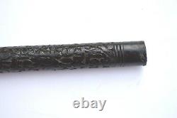 Early Folk Art Sterling Silver Handle Carved Wood Cane/walking Stick