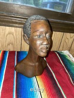 En Bois Sculpté Haïtien Buste Jeune Caribbien Africain Signé J Dersomeau Haïti