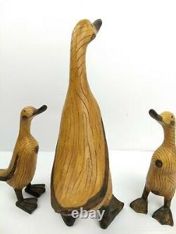 Ensemble 3 Vintage Wood Grain Wood Carved Goose Oies Canards Oiseaux Folk Art
