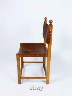 Ensemble De Six Chaises À Manger En Cuir Et Chêne Sculptés D'art Populaire Hongrois