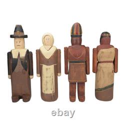 Ensemble d'art populaire en bois sculpté à la main de Wolf Creek représentant des pèlerins et des indiens pour Thanksgiving