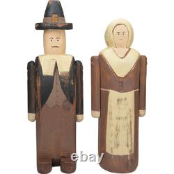 Ensemble d'art populaire en bois sculpté à la main de Wolf Creek représentant des pèlerins et des indiens pour Thanksgiving