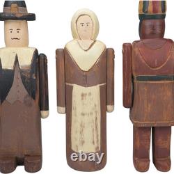 Ensemble d'art populaire en bois sculpté à la main de Wolf Creek représentant des pèlerins et des indiens pour Thanksgiving