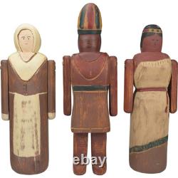 Ensemble d'art populaire en bois sculpté à la main de Wolf Creek représentant des pèlerins et des indiens pour Thanksgiving