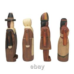 Ensemble d'art populaire en bois sculpté à la main de Wolf Creek représentant des pèlerins et des indiens pour Thanksgiving