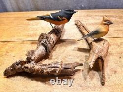 Ensemble de 2 Oiseaux en Art Populaire Sculptés et Peints à la Main sur Branches de Bois Flotté - Accroche Murale