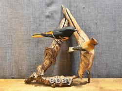 Ensemble de 2 Oiseaux en Art Populaire Sculptés et Peints à la Main sur Branches de Bois Flotté - Accroche Murale