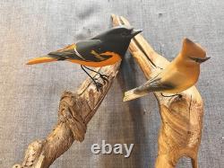 Ensemble de 2 Oiseaux en Art Populaire Sculptés et Peints à la Main sur Branches de Bois Flotté - Accroche Murale