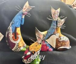 Ensemble de 3 sculptures de chats en résine sculptée peintes, art populaire, uniques et rares, chats musicaux