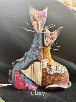 Ensemble de 3 sculptures de chats en résine sculptée peintes, art populaire, uniques et rares, chats musicaux
