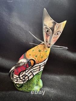 Ensemble de 3 sculptures de chats en résine sculptée peintes, art populaire, uniques et rares, chats musicaux