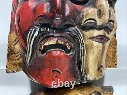Exceptionnel Lg Carved Wood Folk Art Hand Made & Painted Double Face Masque