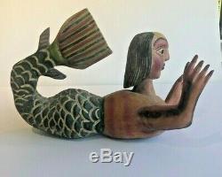 Fabuleux Vintage Main Sculpté Sirène-art Populaire En Bois Peint À La Main