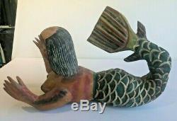 Fabuleux Vintage Main Sculpté Sirène-art Populaire En Bois Peint À La Main