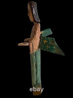 Fait À La Main, Sculpté Et Peint Rustic Guardian Angel 24 1/2 Tall Vintage Folk Art