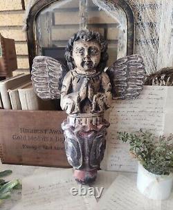 Figure d'ange en bois sculpté polychrome vintage, putti priant, art populaire
