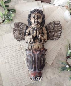 Figure d'ange en bois sculpté polychrome vintage, putti priant, art populaire