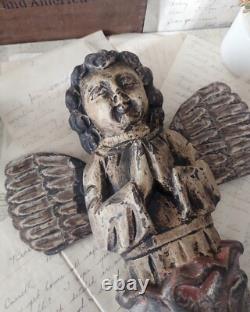 Figure d'ange en bois sculpté polychrome vintage, putti priant, art populaire