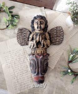 Figure d'ange en bois sculpté polychrome vintage, putti priant, art populaire