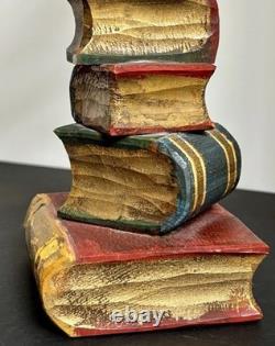 Figure d’érudit vintage en bois sculpté à la main sur des livres, statue d’art populaire de 14 cm
