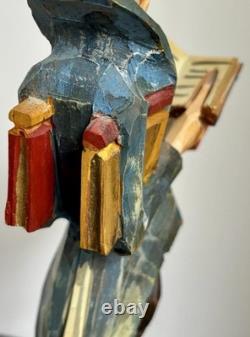 Figure d’érudit vintage en bois sculpté à la main sur des livres, statue d’art populaire de 14 cm
