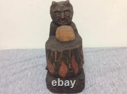 Figure de diable en bois polonais vintage signée, sculpture folk art faite à la main