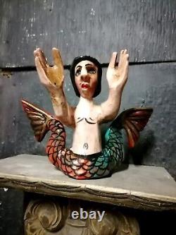 Figure de sirène en bois sculpté, œuvre d'art populaire mexicaine, masque de 10'' de hauteur, trouvaille rare