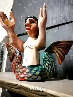 Figure de sirène en bois sculpté, œuvre d'art populaire mexicaine, masque de 10'' de hauteur, trouvaille rare