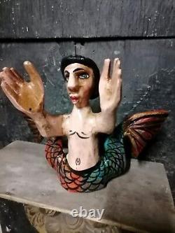 Figure de sirène en bois sculpté, œuvre d'art populaire mexicaine, masque de 10'' de hauteur, trouvaille rare