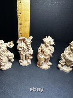 Figurine de clown en art populaire en bois sculpté à la main, Slovaquie, 3 très détaillées, non peintes