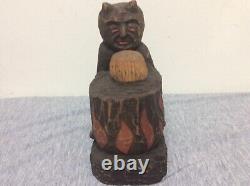Figurine diabolique en bois sculptée à la main, art populaire polonais vintage signée