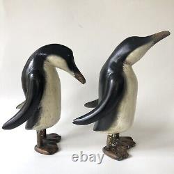 Figurines De Pingouins Paire Bois Sculpté Art Populaire Vtg Peint Sculptures En Bois Grand