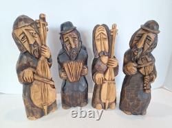 Figurines en bois sculptées à la main par des musiciens polonais - Art populaire - Ensemble de 4