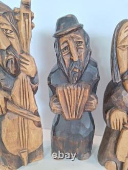 Figurines en bois sculptées à la main par des musiciens polonais - Art populaire - Ensemble de 4