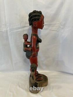 Folk Art African American Mère Et Enfants Peints Bois Carving