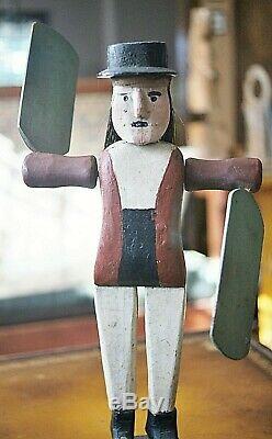 Folk Art Antique Toupie Sculpté À La Main Painted Man Whaler Signé 1919 Maine Vente