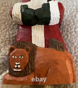 Folk Art Wood Carved Santa Lion Lamb Vtg Signé Date Harold Kershetter 2002