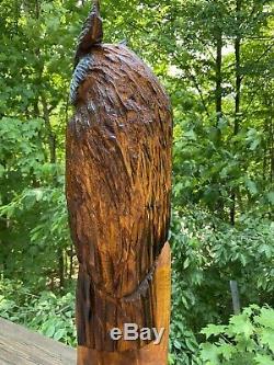 Grand Chainsaw Sculpté Duc Pin Blanc Bois D'art De Hibou Folk Cornu Fait Unique