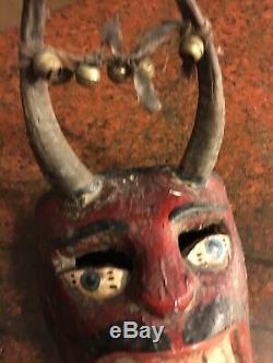 Grand Festival Antique Du Mexique Ou Du Guatemala Masque En Bois Sculpté Folk Art Rare