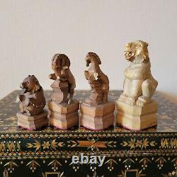 Grand Jeu D'échecs Soviétiques 50s Folk Art Bois Vintage Urss Russie Antique Sculpté