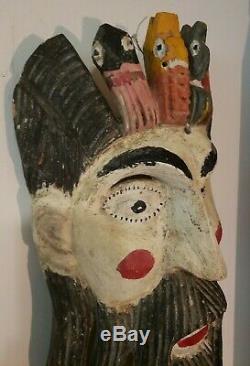 Grand Vintage Festival Du Mexique Ou Du Guatemala Masque En Bois Sculpté Folk Art Rare
