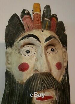 Grand Vintage Festival Du Mexique Ou Du Guatemala Masque En Bois Sculpté Folk Art Rare