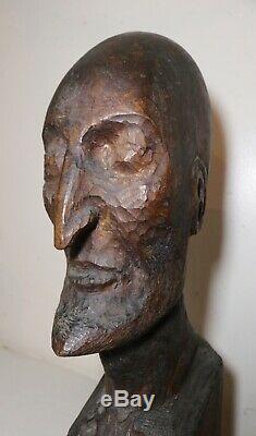 Grande Main Antique Sculpté Art Populaire Sculpture Statue Buste Face À La Tête De L'homme En Bois